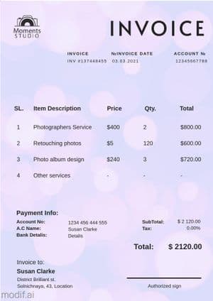 Invoice for a photo studio